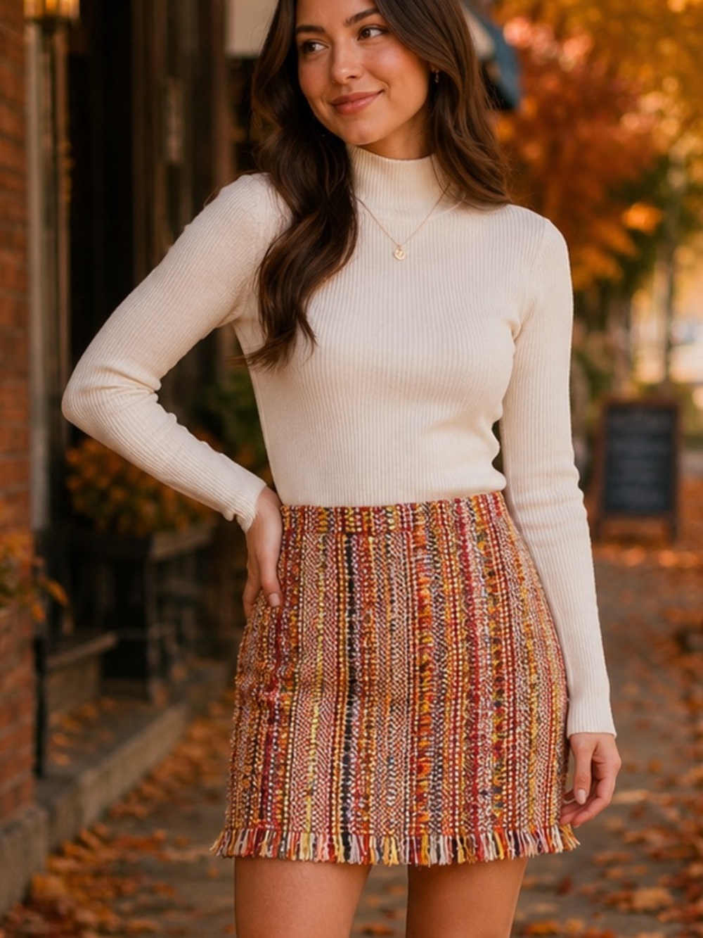Chelsea & Theodore Multicolor Orange Tweed Fringe Mini Skirt 6